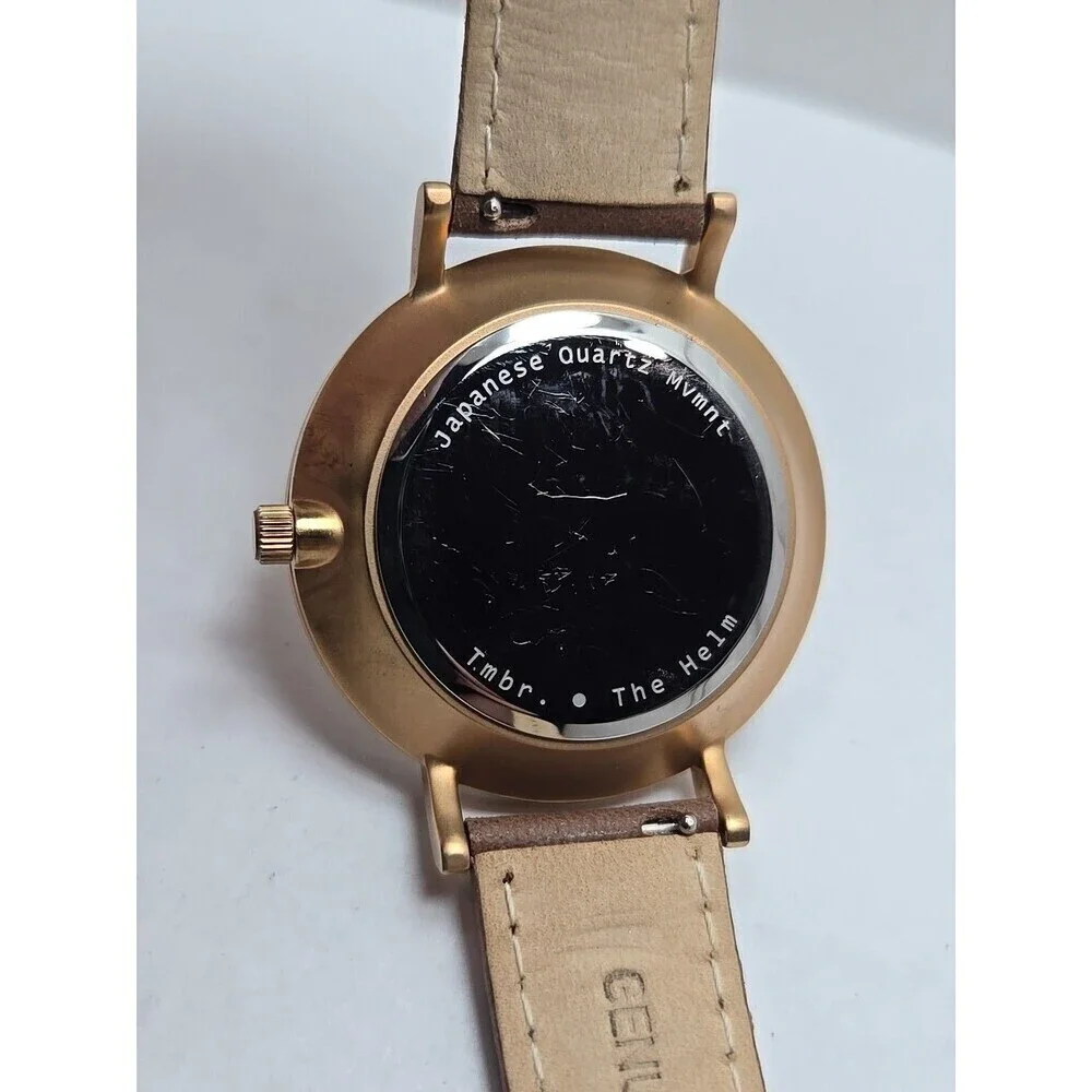 Tmbr The Helm Wood Dial Watch Rose Gold Tone 40mm Brown Leather New Battery